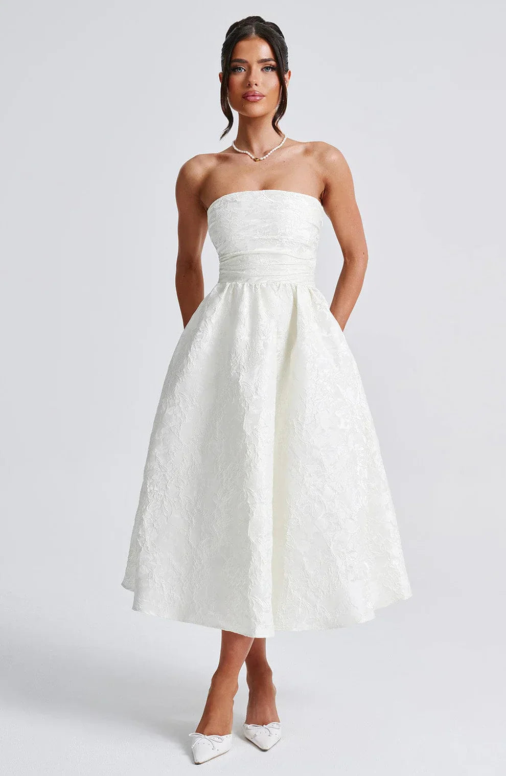 AfterHours Strapless Jacquard Midi Dress